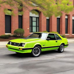 A high-resolution image of a 1981 Ford Mustang, painted in a vibrant lime green color