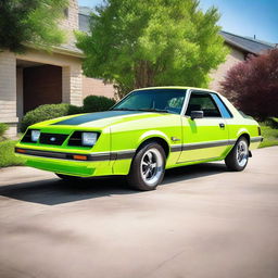 A high-resolution image of a 1981 Ford Mustang, painted in a vibrant lime green color