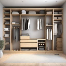 A high-quality 3D render of a spacious closet measuring 3 meters in height and 2 meters in width