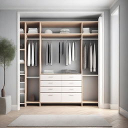 A high-quality 3D render of a spacious closet measuring 3 meters in height and 2 meters in width