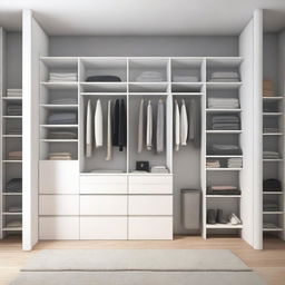 A high-quality 3D render of a spacious closet measuring 3 meters in height and 2 meters in width