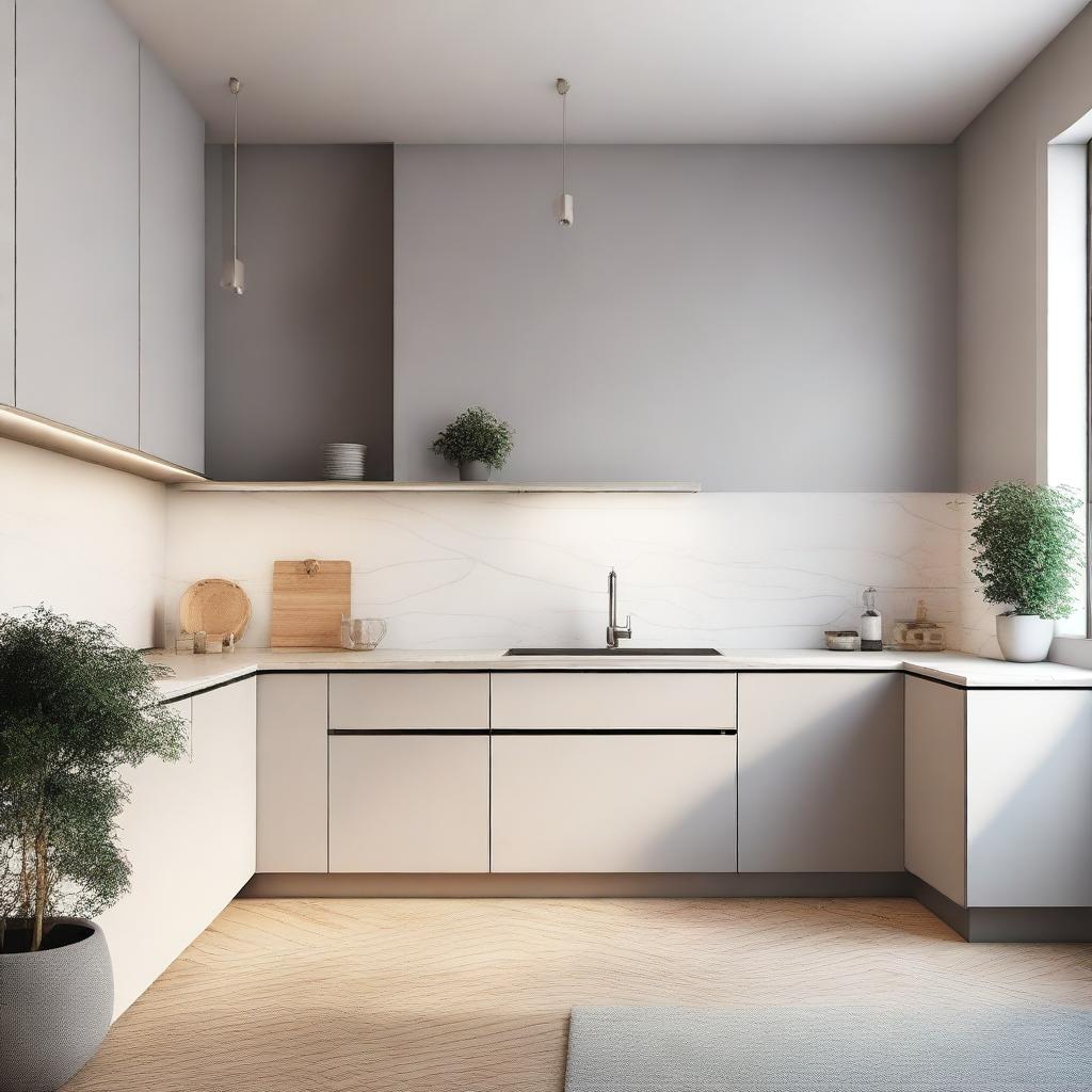 A high-quality digital art depicting an L-shaped kitchen