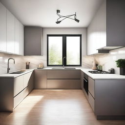 A high-quality digital art depicting an L-shaped kitchen