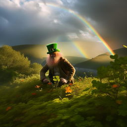 A highly detailed, imaginative depiction of a leprechaun in the wild nature, discreetly appearing in the distance under a rainbow, in the style of a Pulitzer Prize-winning photograph