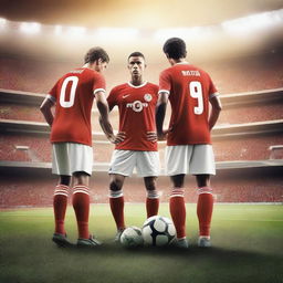 A high-quality digital art poster for social media, showcasing three soccer players in a close-up pose