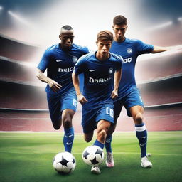 A high-quality digital art poster for social media, showcasing three soccer players in a close-up pose