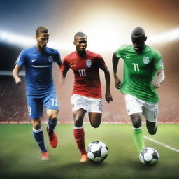 A high-quality digital art poster for social media, showcasing three soccer players in a close-up pose