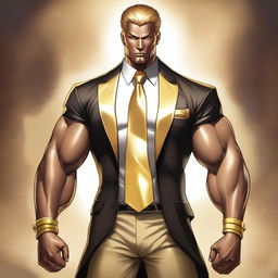 A high-quality illustration portrays a tall, muscular man in a fantasy setting