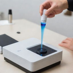 Generate an image showcasing a liquid sample being introduced into a spectrometer using a nebulizer, which transforms the liquid into fine droplets.