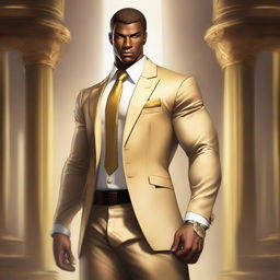 A high-quality illustration portrays a tall, muscular man in a fantasy setting