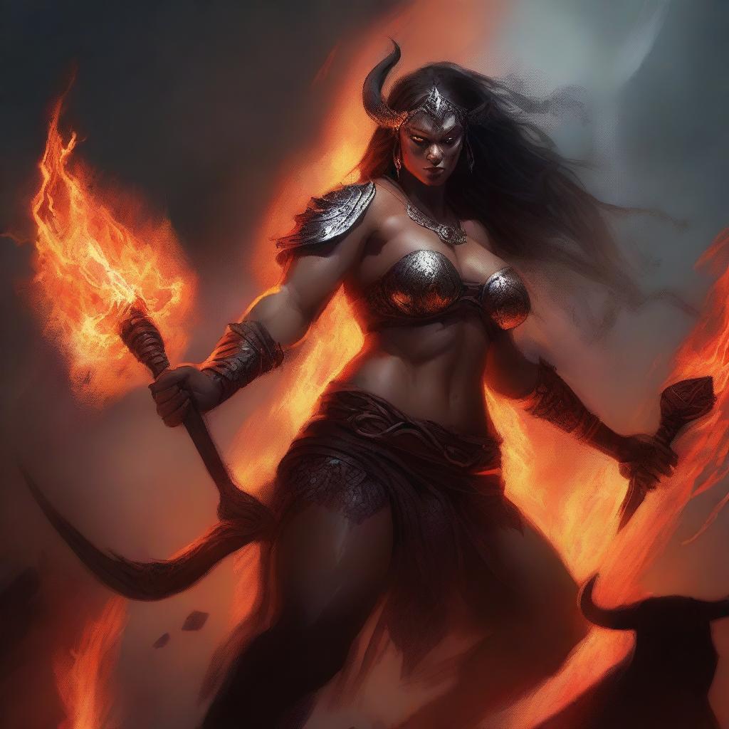 A high-quality digital art image showcases a fearsome draconic barbarian woman, her scales glistening, as she deftly wields axes to ascend an enraged, flaming minotaur demon