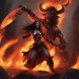 A high-quality digital art image showcases a fearsome draconic barbarian woman, her scales glistening, as she deftly wields axes to ascend an enraged, flaming minotaur demon