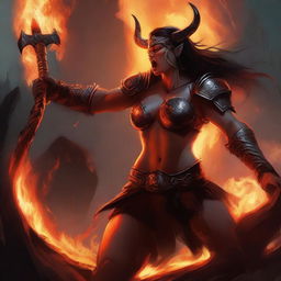 A high-quality digital art image showcases a fearsome draconic barbarian woman, her scales glistening, as she deftly wields axes to ascend an enraged, flaming minotaur demon