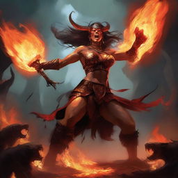 A high-quality digital art image showcases a fearsome draconic barbarian woman, her scales glistening, as she deftly wields axes to ascend an enraged, flaming minotaur demon