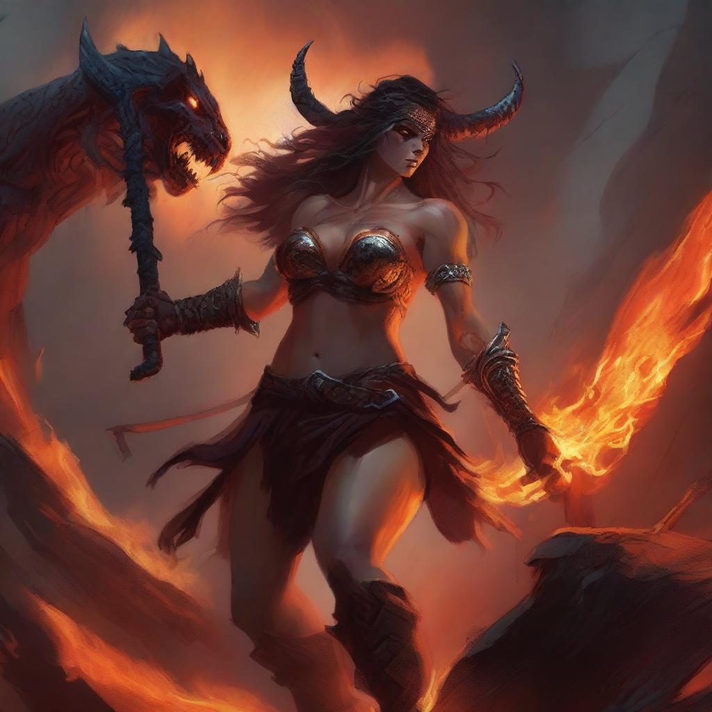 The image is a high-quality digital art piece, vividly depicting a powerful draconic barbarian woman