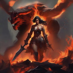 The image is a high-quality digital art piece, vividly depicting a powerful draconic barbarian woman