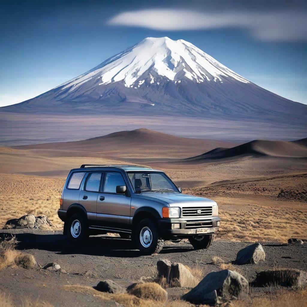 A striking digital photograph captures a gray Daihatsu Rocky from 1993, slightly withered, parked against the backdrop of the majestic Cotopaxi volcano