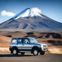 A striking digital photograph captures a gray Daihatsu Rocky from 1993, slightly withered, parked against the backdrop of the majestic Cotopaxi volcano