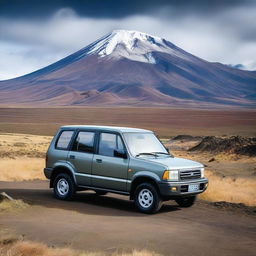 A striking digital photograph captures a gray Daihatsu Rocky from 1993, slightly withered, parked against the backdrop of the majestic Cotopaxi volcano