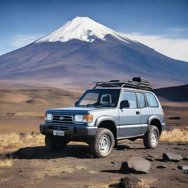 A striking digital photograph captures a gray Daihatsu Rocky from 1993, slightly withered, parked against the backdrop of the majestic Cotopaxi volcano