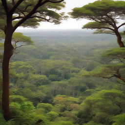 A breathtaking, high quality digital photograph captures the lush expanse of a Ugandan forest, teeming with approximately 8,000 trees