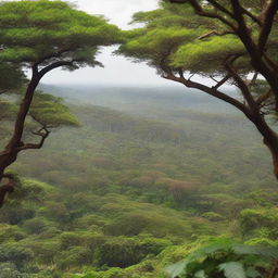 A breathtaking, high quality digital photograph captures the lush expanse of a Ugandan forest, teeming with approximately 8,000 trees