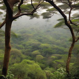 A breathtaking, high quality digital photograph captures the lush expanse of a Ugandan forest, teeming with approximately 8,000 trees