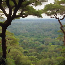 A breathtaking, high quality digital photograph captures the lush expanse of a Ugandan forest, teeming with approximately 8,000 trees