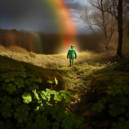 A highly detailed, imaginative depiction of a leprechaun in the wild nature, discreetly appearing in the distance under a rainbow, in the style of a Pulitzer Prize-winning photograph