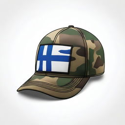 A meticulously designed digital art showcases a woodland-camo cap, adorned with a patch of the Finland flag, against a stark white background