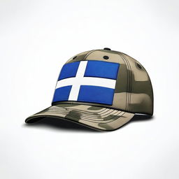 A meticulously designed digital art showcases a woodland-camo cap, adorned with a patch of the Finland flag, against a stark white background