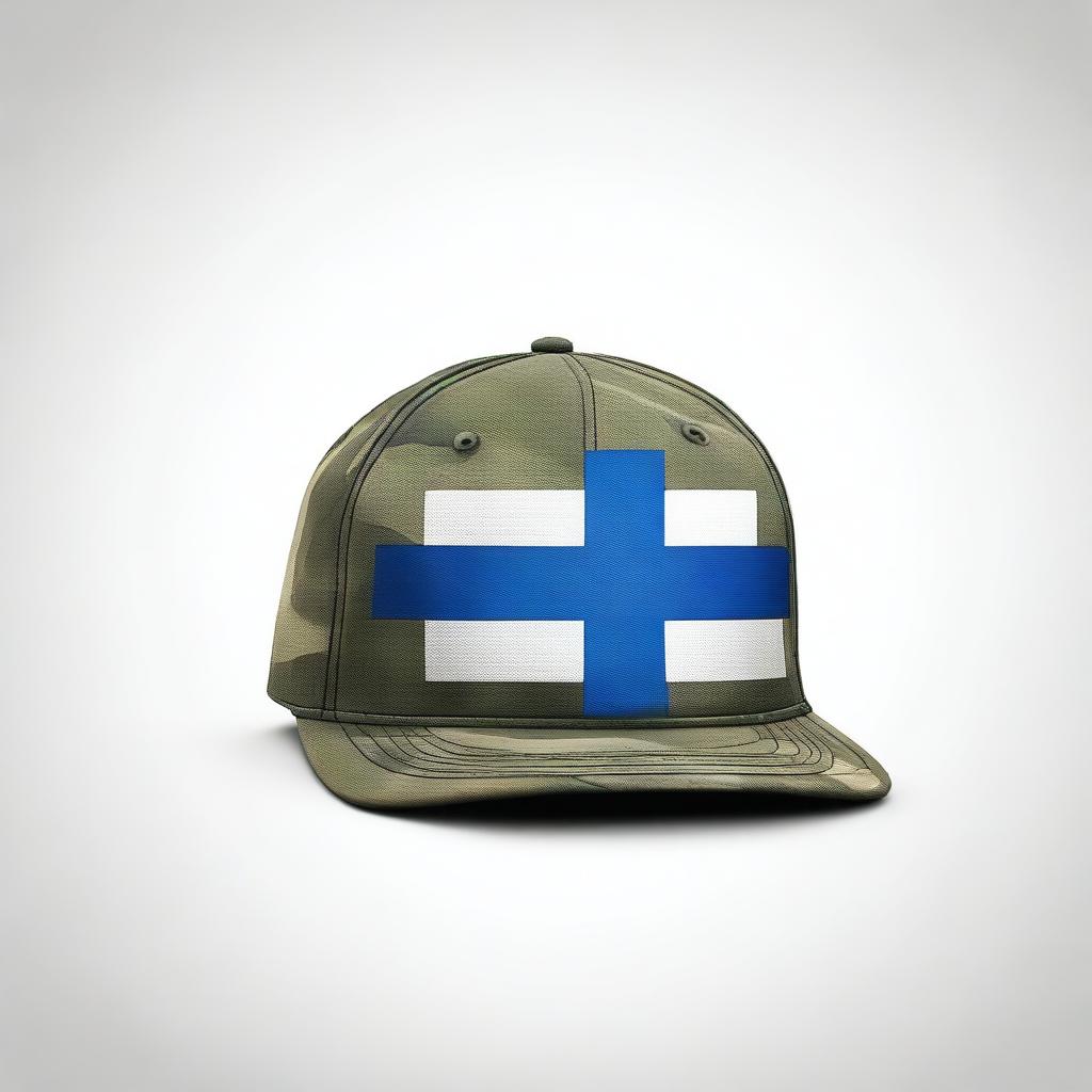 A meticulously designed digital art showcases a woodland-camo cap, adorned with a patch of the Finland flag, against a stark white background