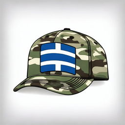 A meticulously designed digital art showcases a woodland-camo cap, adorned with a patch of the Finland flag, against a stark white background