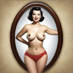 An 8K, HDR, high-quality wallpaper featuring a hyper-realistic and highly detailed photograph of a beautiful, busty pin-up woman from the 1950s