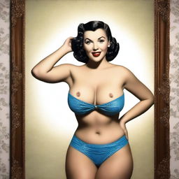 An 8K, HDR, high-quality wallpaper featuring a hyper-realistic and highly detailed photograph of a beautiful, busty pin-up woman from the 1950s