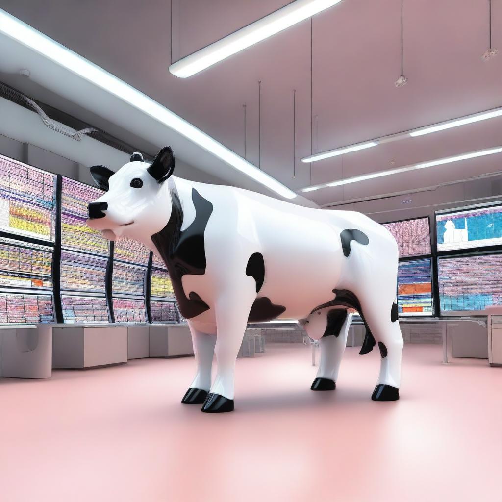 A striking digital art piece illustrating a longitudinal section of a plastic cow