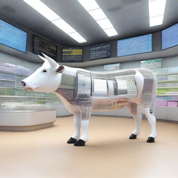 A striking digital art piece illustrating a longitudinal section of a plastic cow