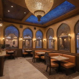 An Arabian styled café, charmingly named 'Aladdin and his Magical Lamp'. It's adorned with Middle Eastern decor, and features of a glowing magical lamp as a centerpiece.