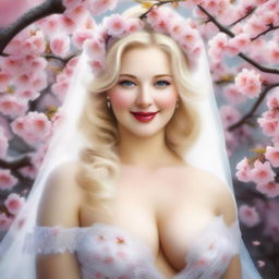 This is a hyper-realistic, highly-detailed digital art image that captures a front view of a stunningly beautiful and voluptuously curvaceous blonde bride in a cherry blossom garden