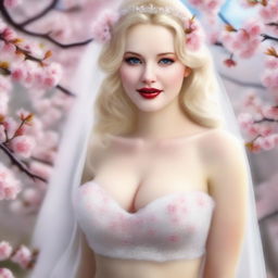 This is a hyper-realistic, highly-detailed digital art image that captures a front view of a stunningly beautiful and voluptuously curvaceous blonde bride in a cherry blossom garden