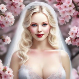 This is a hyper-realistic, highly-detailed digital art image that captures a front view of a stunningly beautiful and voluptuously curvaceous blonde bride in a cherry blossom garden