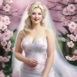 This is a hyper-realistic, highly-detailed digital art image that captures a front view of a stunningly beautiful and voluptuously curvaceous blonde bride in a cherry blossom garden