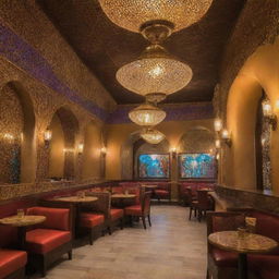 An Arabian styled café, charmingly named 'Aladdin and his Magical Lamp'. It's adorned with Middle Eastern decor, and features of a glowing magical lamp as a centerpiece.