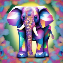 This is a vibrant digital art piece, inspired by Botero's style, featuring a large elephant inside a crystallery