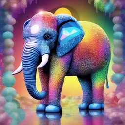 This is a vibrant digital art piece, inspired by Botero's style, featuring a large elephant inside a crystallery