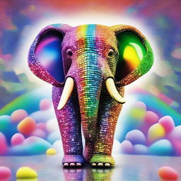 This is a vibrant digital art piece, inspired by Botero's style, featuring a large elephant inside a crystallery