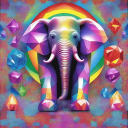 This is a vibrant digital art piece, inspired by Botero's style, featuring a large elephant inside a crystallery