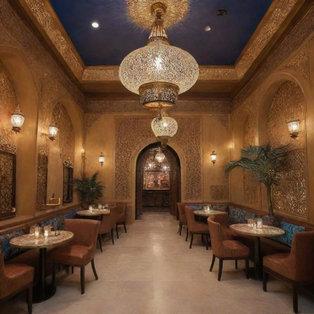 An Arabian styled café, charmingly named 'Aladdin and his Magical Lamp'. It's adorned with Middle Eastern decor, and features of a glowing magical lamp as a centerpiece.