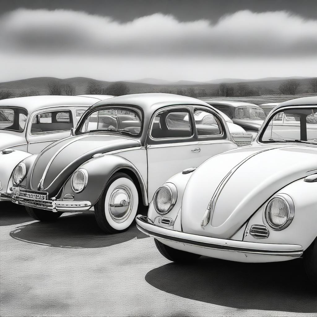 An image capturing a 1300 square foot open parking area brimming with Volkswagen Beetles from the 1950s and 60s