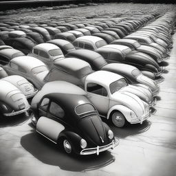 An image capturing a 1300 square foot open parking area brimming with Volkswagen Beetles from the 1950s and 60s